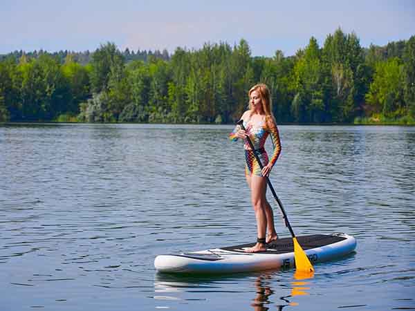 replacement SUP fins lady in bikini on sup in lake